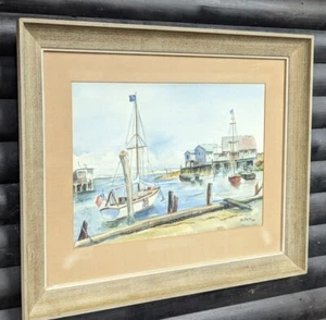 BOATS HARBOUR COASTAL BRITISH FRAMED ORIGINAL PAINTING MID CENTURY VINTAGE OLD - Picture 1 of 14