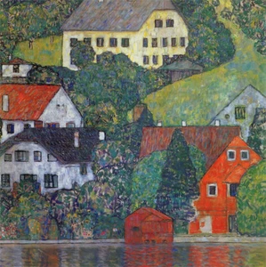 Handgefertigtes Ölgemälde, Häuser in Unterach am Attersee von Gustav klimt GK083 - Bild 1 von 1