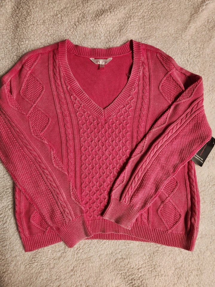 Ladies XLARGE (15/17) 100% Cotton White Wash Fuchsia V-neck Cropped Sweater New - Image 1 of 1