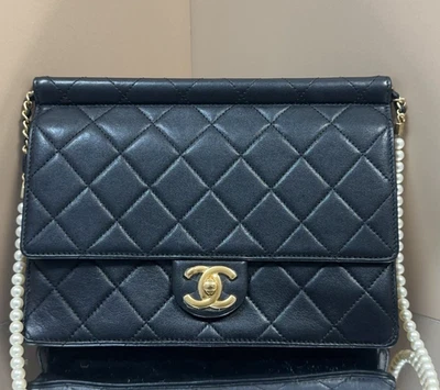Chanel Classic Flap Pearl String Chain Shoulder Bag Black White Women Designer - Image 1 of 4