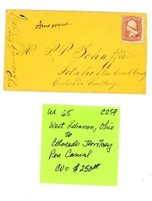 US Cover Scott # 65 - Rare Colorado Territory Cover - CV=$250.00       (10-C259) - Image 1 of 3