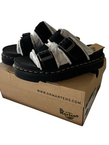 Dr. Martens Black Leather Slide Sandals Women 8 Sherpa Lined Slip-On AirWair NIB - Picture 1 of 4