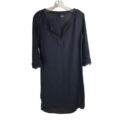Three Dots Dress Womens Size XS Navy Blue Pom Pom Trim V-Neck 3/4 Sleeve - Image 1 of 4