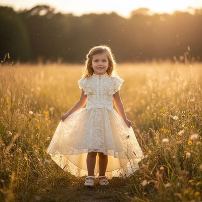 Joyfolie Ivory Lace Flutter Sleeve Tulle High Low Dress Flower Girl's 6 Boho - Image 1 of 4
