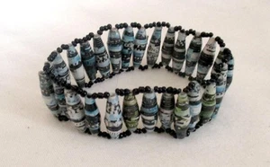 Stretch Bangle Bracelet Blue Mix Recycled Paper Bead Black Accent 1 x 8" - Picture 1 of 2