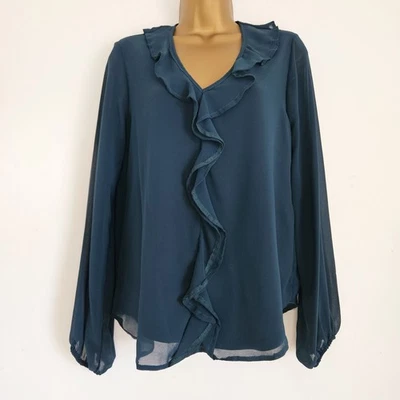 NEW Ex Dorothy Perkins 8-22 Ruffle Front Dark Teal Green Chiffon Blouse Top — 第 1/4 张图片