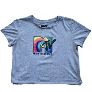 MTV Gray Short Sleeve Tee Casual Retro Style Colorful Tie Dye Logo Cropped Top - Picture 1 of 6