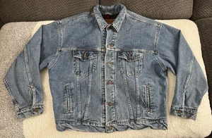Vintage Levis Buffalo Plaid Lined Denim Trucker Jacket Blue USA Made 90s 70427 - Picture 1 of 22
