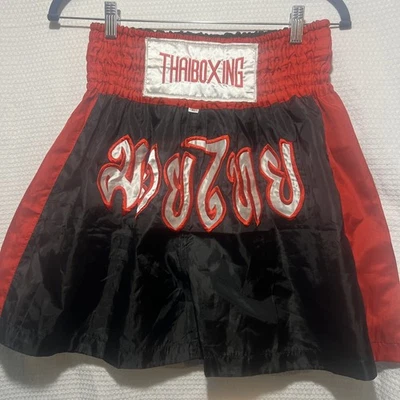 Thai Boxing shorts satin Red & Black With White & Red Lettering Size XL - Image 1 of 4