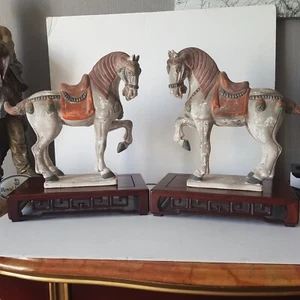 Pair Of Vintage Tang "Sancai" Style Chinese Horses On Hardwood Stands - Picture 1 of 10
