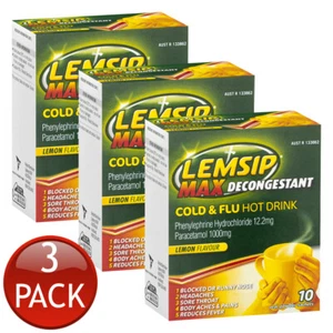 3 x Lemsip Max Decongestant Cold & Flu Fever Relief Lemon Powder Hot Drink 10 Pk - Picture 1 of 12