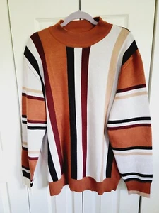 Grace Karin XL Men's Sweater Striped Browns Black White High Neck LS NWT RV $80 - Picture 1 of 9