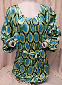 NWOT, Metrostyle Belted, Ruffled, Satin Blouse, Multicolor, Long Sleeves (23) - Picture 1 of 9
