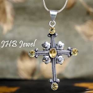 Citrine Topaz Gemstone 925 Sterling Silver Cross Handmade Pendant Lovely Jewelry - Picture 1 of 6