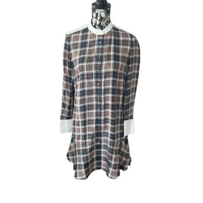 Vestido Tory Burch Milano Tartán Seda A Cuadros Botones Volantes Manga Larga Talla 4 Foto 1 de 4