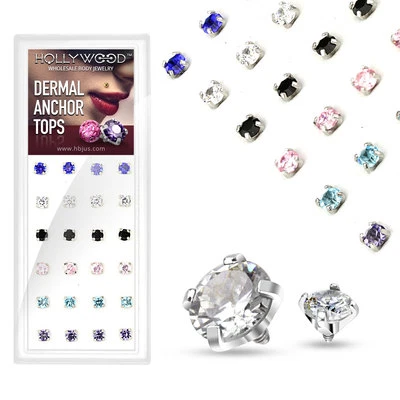 24 Pcs 6 Colors CZ Gems Prong Set Surgical Steel Micro Dermal Anchor Top 14g - Image 1 of 2