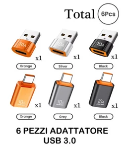 6X ADATTATORE OTG DA USB TIPO-C FEMMINA A USB-A MASCHIO E VICEVERSA 10A ,USB 3.0 - Zdjęcie 1 z 21