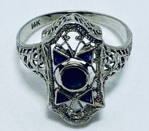 Antique Edwardian Art Deco 14K White Gold Filigree Faceted Blue Glass Ring - Picture 1 of 9