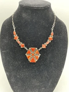 Navajo Sterling Silver And Spiny Oyster Shell Rare Rising Sun Necklace - Picture 1 of 8