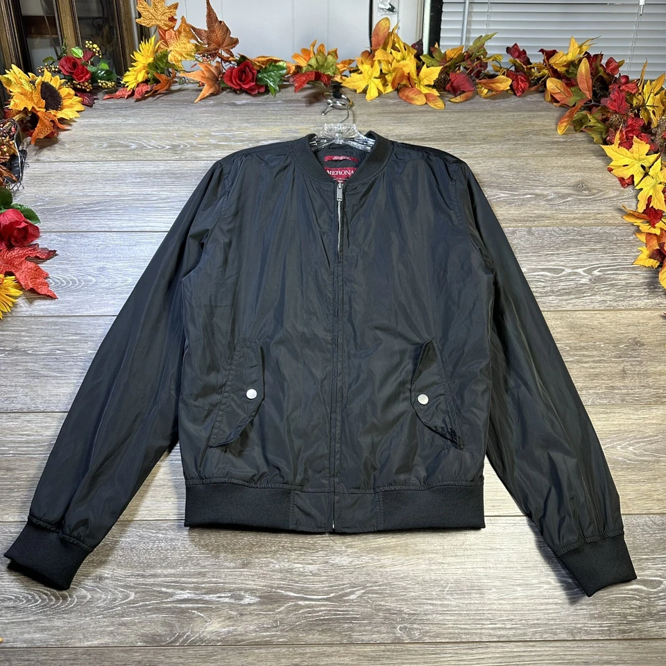 Chaqueta Bomber Negra Talla Pequeña-Mediana Hombre’s Negra Forrada Cortavientos Merona Foto 1 de 4