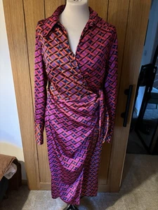 FW Bridge x F&F Pink Red Purple Geometric Satin Wrap Dress Long Sleeve UK 12 - Picture 1 of 15