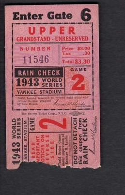 Boleto del Juego 2 de la Serie Mundial 1943 Cardinals vs Yankees Stan Musial Foto 1 de 2