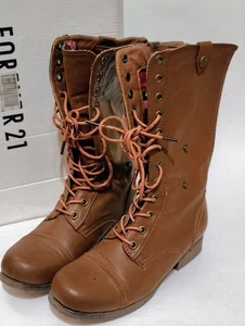 Forever 21 Lace Up Tan Combat Boots - Red/Plaid Interior - Women's Size 6 - Picture 1 of 7