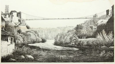 F. KOCHER (*1904), Hängebrücke bei Freiburg, Schweiz, Lith. Realismus Architektu - Bild 1 von 4