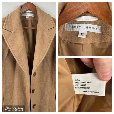 Larry Levine Designs Camelhair Beige 3-Button Coat Size 14 Pockets Warm Winter - Image 1 of 4