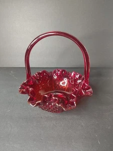 Vintage Fenton Large Ruby Red Hobnail Glass Handled Basket Ruffled Edge 8.5" - Picture 1 of 6