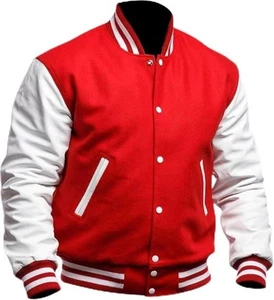 Mens College Baseball Varsity Letterman Red White Bomber Wool PU Leather Jacket - Picture 1 of 5