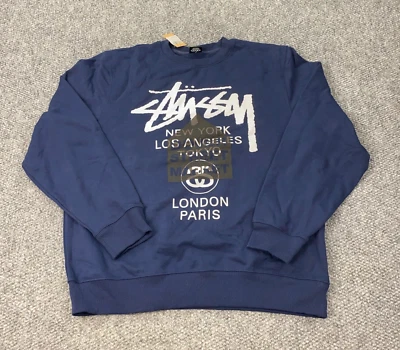 Stussy X Dover Street Market World Tour Crew DSM Mens XL Navy Sweatshirt NWT - Image 1 of 4