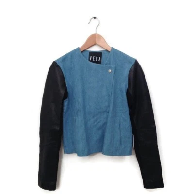 VEDA Leather Jacket M Blue Black Denim Cotton Combo Women's Coat Medium NWT - Image 1 of 4