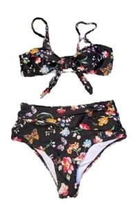 2 Piece Black Floral Bikini Size Sm Tie Accent Removable Pads Spaghetti Straps - Imagen 1 de 6