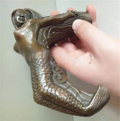 5.5" Brass Auspicious Hand Carved Mermaid Statue Walking Stick Cane Head Collect - Image 1 of 4