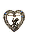 Vintage Signed AAI Cat in Heart Brooch Pin Kitten Blue Rhinestones Silver Tone