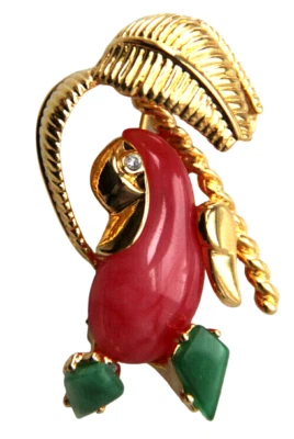 KJL Kenneth Jay Lane Pink Green Lucite Parrot Palm Tree Rhinestone Eye Brooch - Image 1 of 4