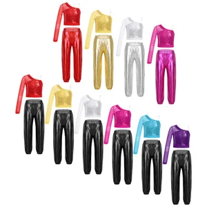 Kids Girl's Crop Top With Pants Training Dance Outfit Mesh Tracksuit Show Suit - Picture 1 of 87