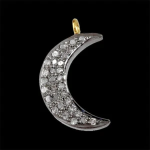 Diamond Pave 14K Gold Crescent Moon Pendant 925 Silver Fine Anniversary Jewelry - Picture 1 of 6