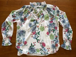 NWT Ann Taylor Loft Blouse Sheer White Floral Lined Tie Neck Small S Ruffles - Picture 1 of 6