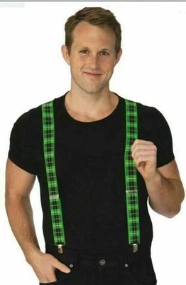 ПОДТЯЖКИ НА ДЕНЬ СВЯТОГО ПАТРИКА зеленые и черные клетчатые подтяжки на день Святого Патрика - Изображение 1 из 4