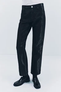 ZARA Black Satin Effect Shiny Hi-Rise Straight Leg Pants size 10 New! - Picture 1 of 14