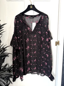 Blusa Evans Reino Unido Talla 20 Negra y Rosa Transparente Floral Bordada Manga Volantes - Imagen 1 de 9