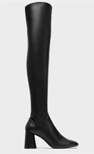 Zara Black Faux Leather Vegan Thigh High Boots Block Heel NWT 37  - Picture 1 of 10