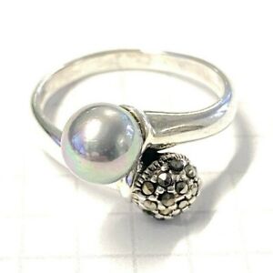 (SIZE 6,7,8) Silver Gray PEARL RING & Marcasite Stones .925 STERLING SILVER