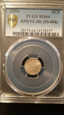 1854 RPD FS-301 (FS-004) 3 Cent Silver Trime * PCGS MS64 * Lustrous Attractive C Cover