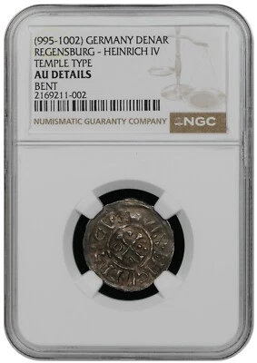 Regensburg Heinrich IV "Temple Type" Denar 995-1002 NGC AU Details - Image 1 of 2