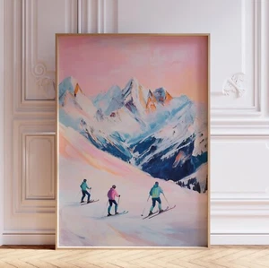 Retro Pink Watercolor Ski Mountain Wall Art Print Poster - Picture 1 of 6