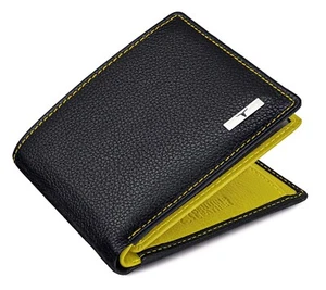 NUEVO NEGRO/AMARILLO DOBLE PLIEGUE CUERO HOMBRE CARTERA PROTECCIÓN RFID ARTÍCULO DE REGALO - Imagen 1 de 7