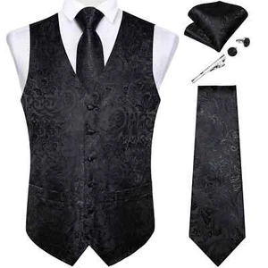 Suit Vest for Men Solid Wedding Prom Groom Jacquard Silk Waistcoat with Necktie - Picture 1 of 31